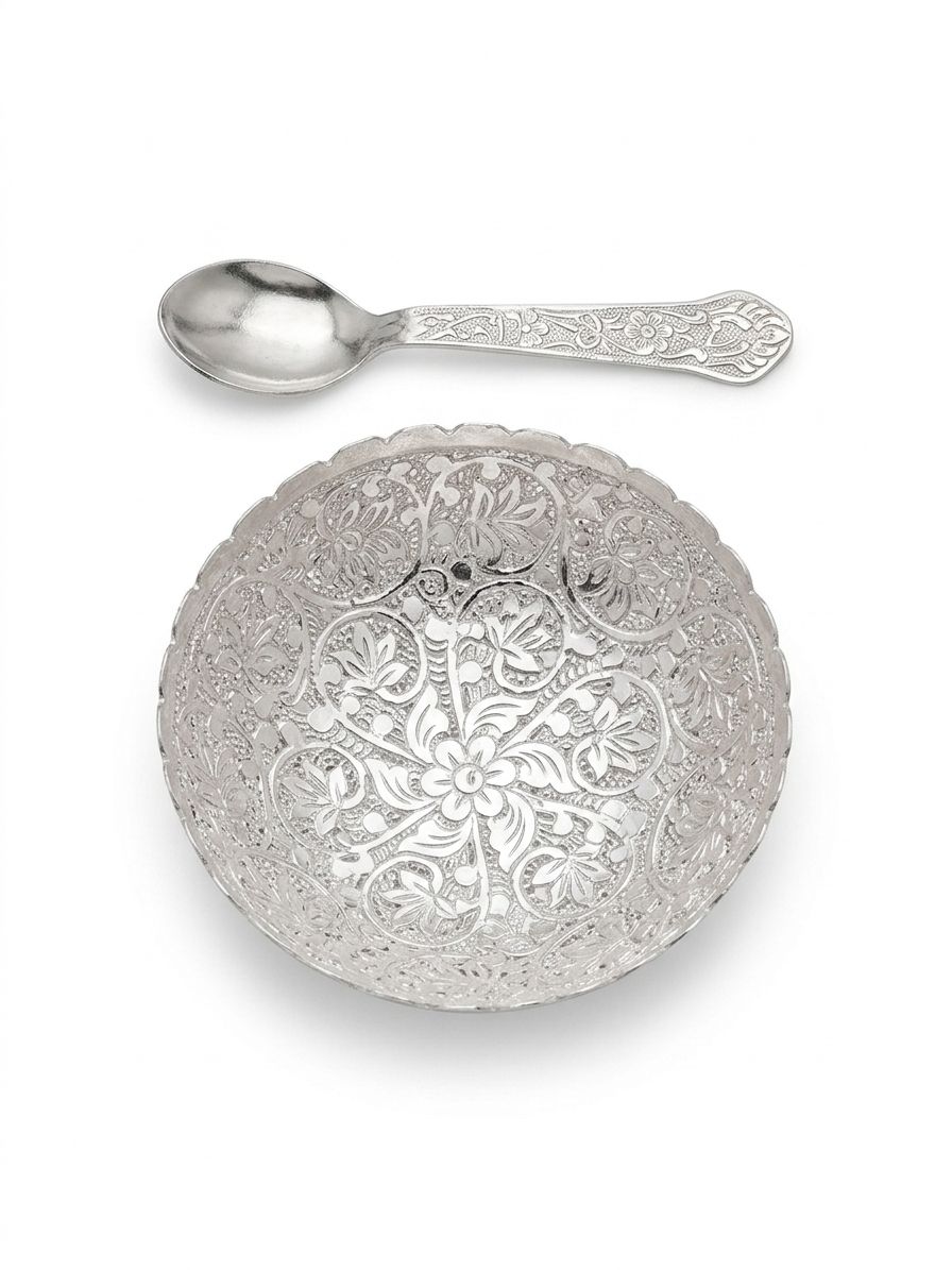 German Silver Bowl Spoon Set With Red Velvet Box